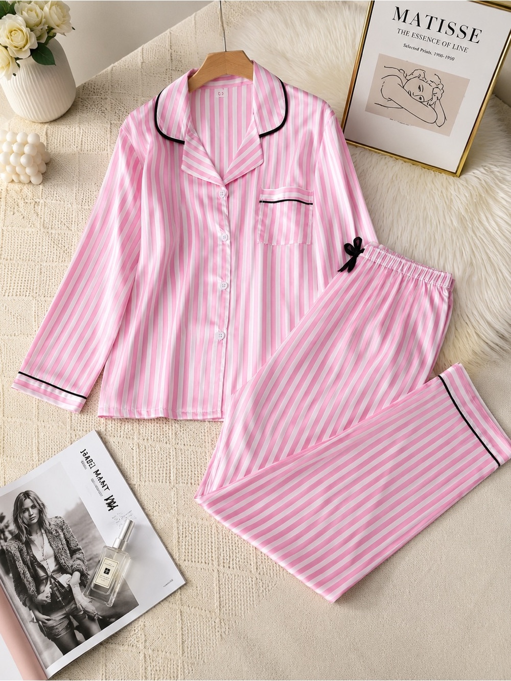 Women's Pink Striped Satin Pajama Set with Black Trim